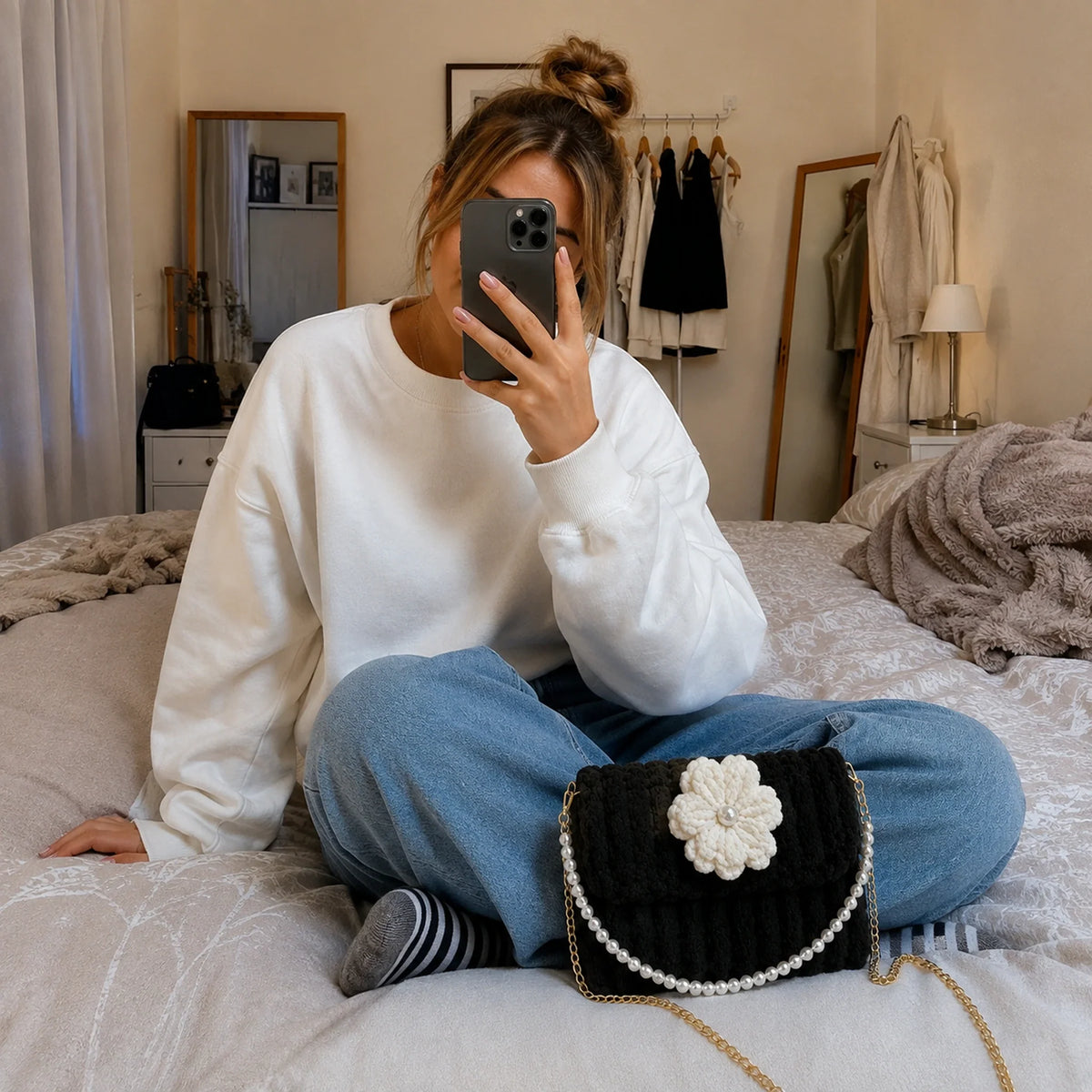 Flower Pearl Shoulder Bag, black with an ivory flower: bag styled with an outfit.